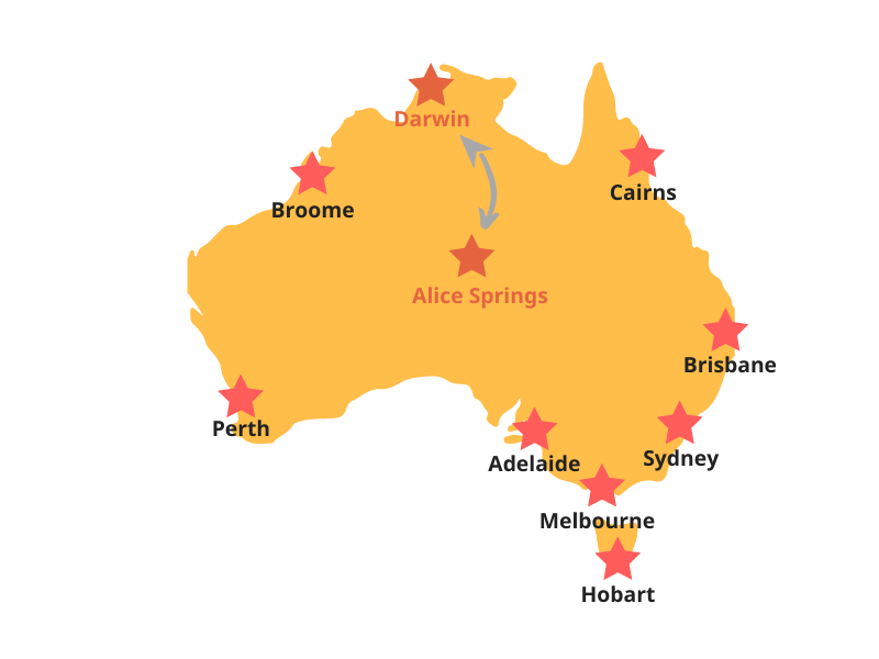 Reiseroute - Darwin bis Alice-Springs